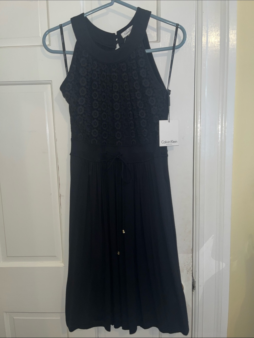 NWT Calvin Klein Black Crochet Bodice Mock High Neck Sleeveless Dress Size 4